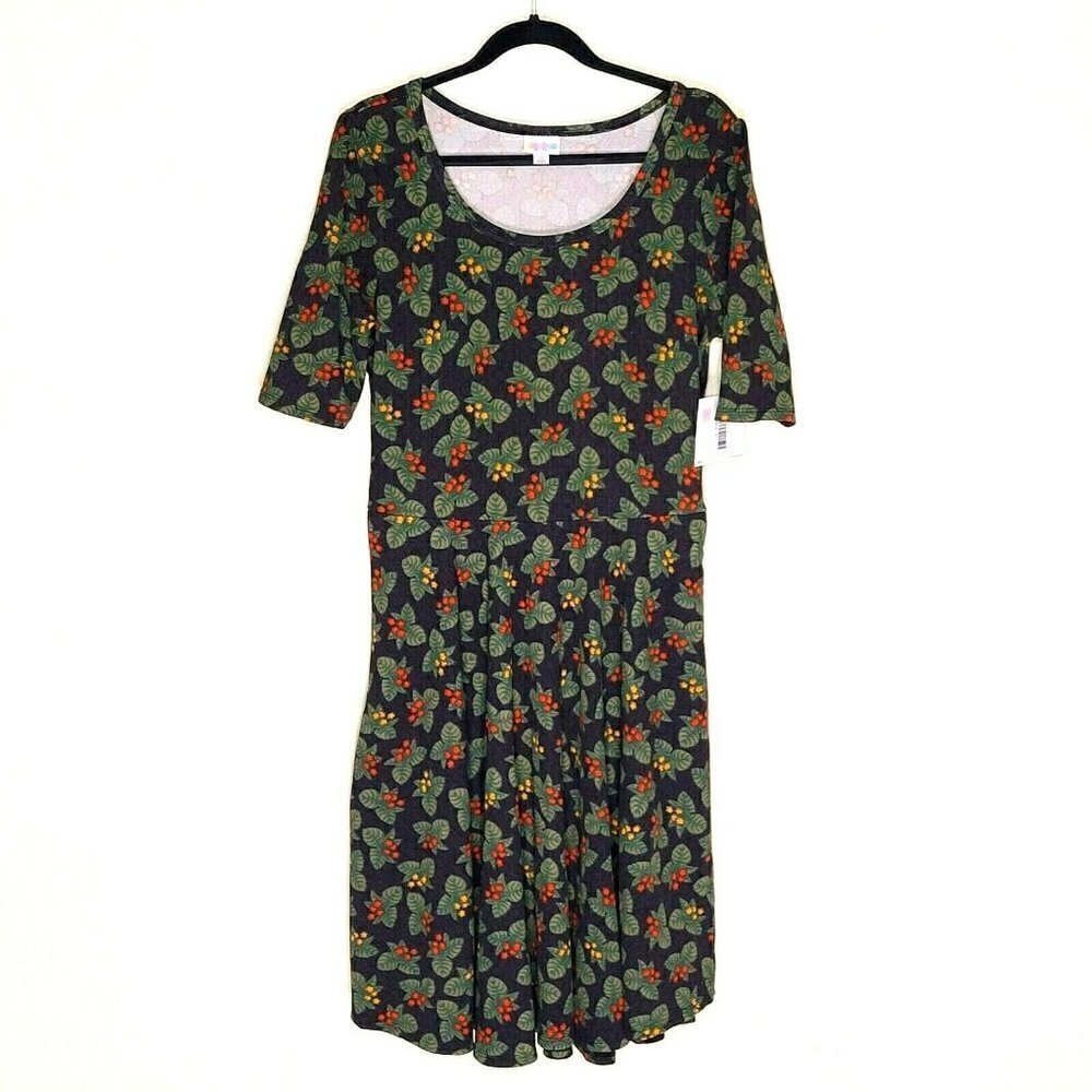 LuLaRoe Nicole Dress Size M Berries and Leaves Scoop Neck Elbow Sleeves New